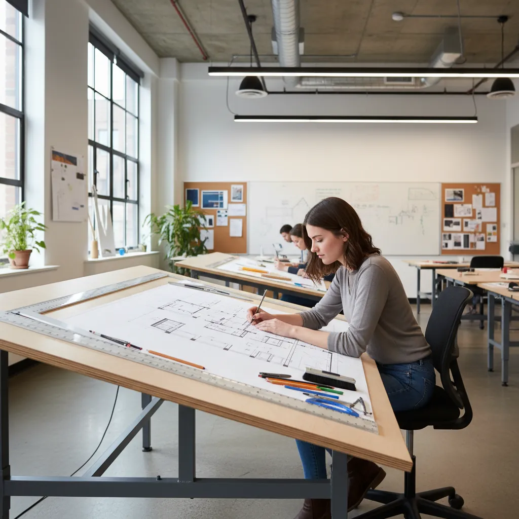 Estudiante de diseño de interiores trabajando en bocetos y planos
