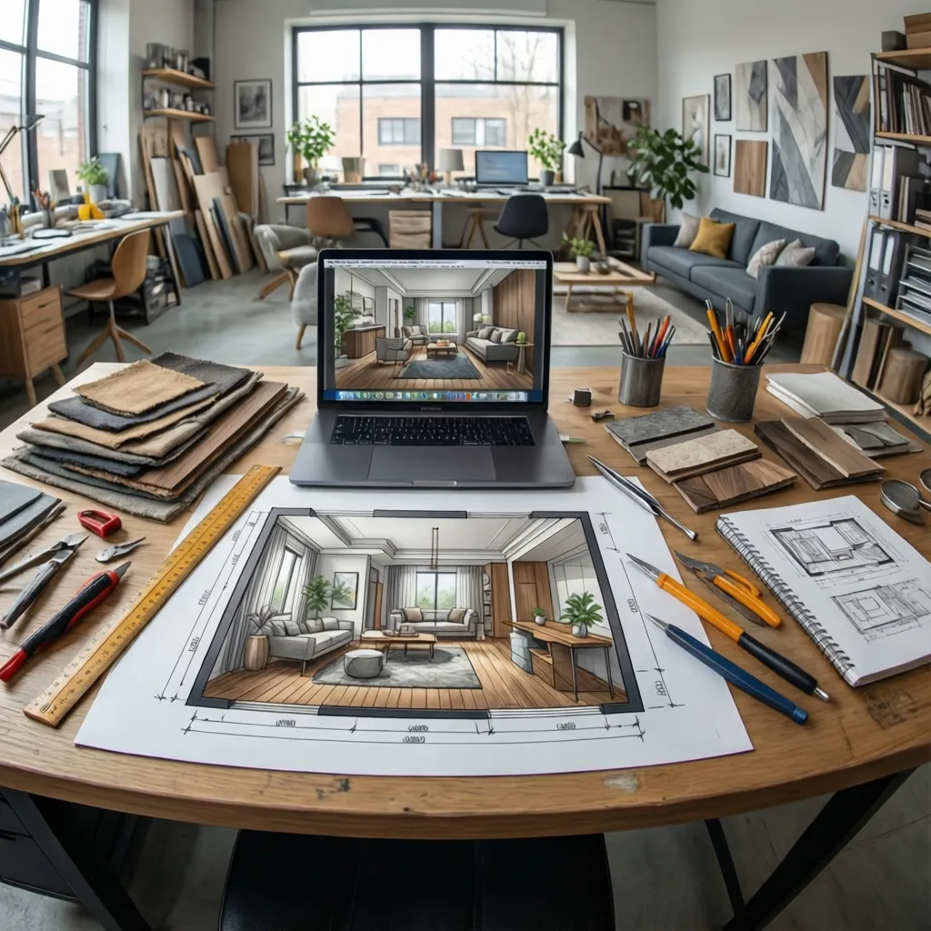 Estudiante de diseño de interiores desarrollando planos en un escritorio