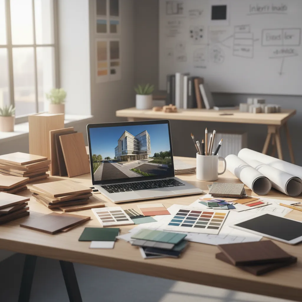 Laptop on desk showing interior design drawing with wood samples color palettes and paper rolls