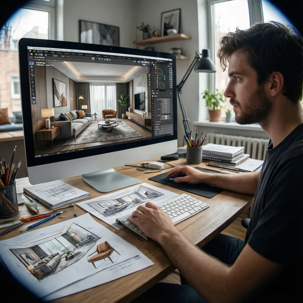 Designer using computer for interior design drawing with paper sketches and pencils on wooden desk