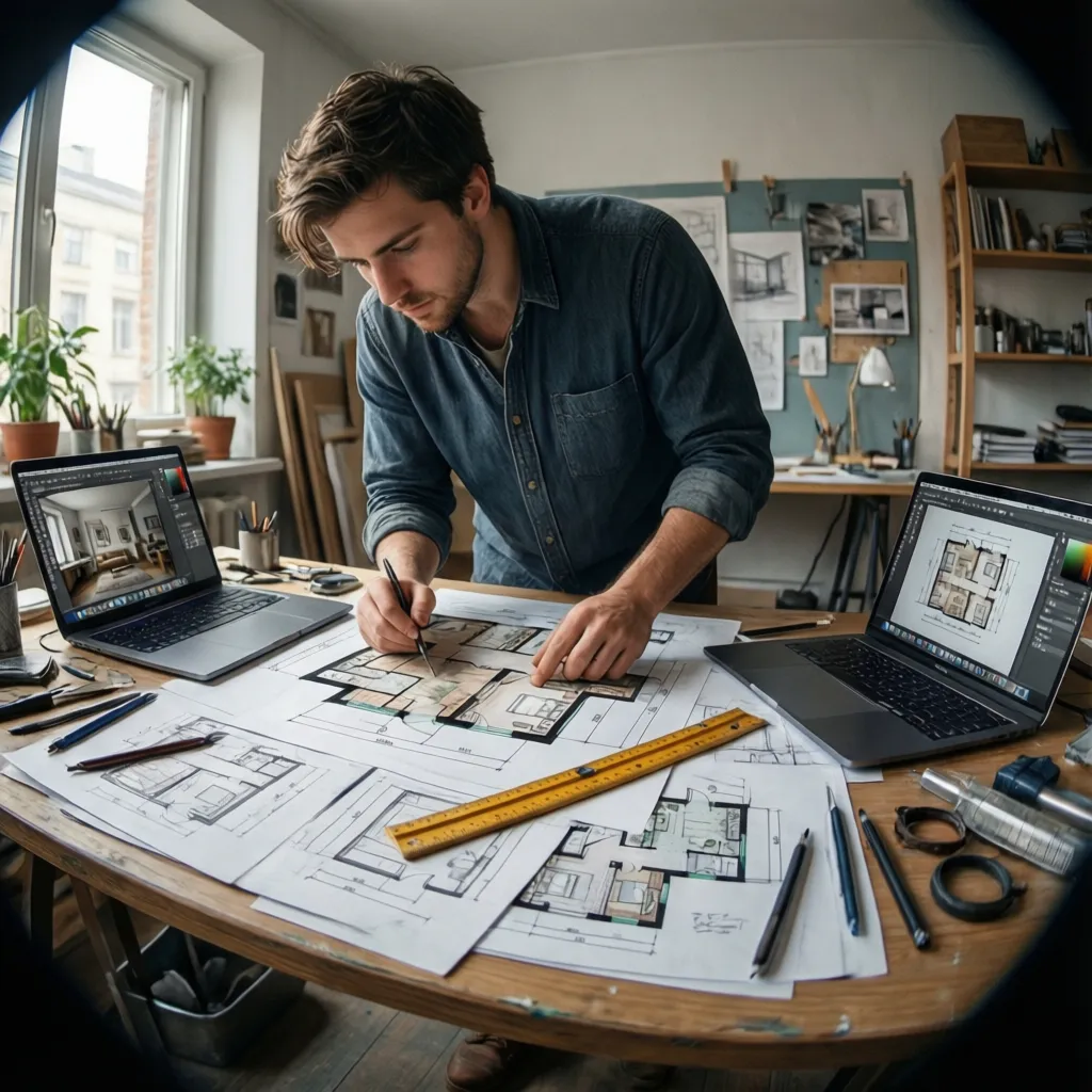 Male designer drawing a room layout on paper between two laptops showing floor plan software