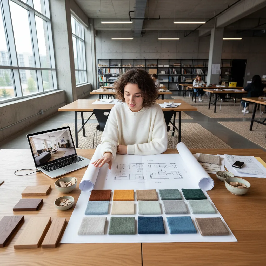Estudiante de diseño de interiores revisando planos y materiales