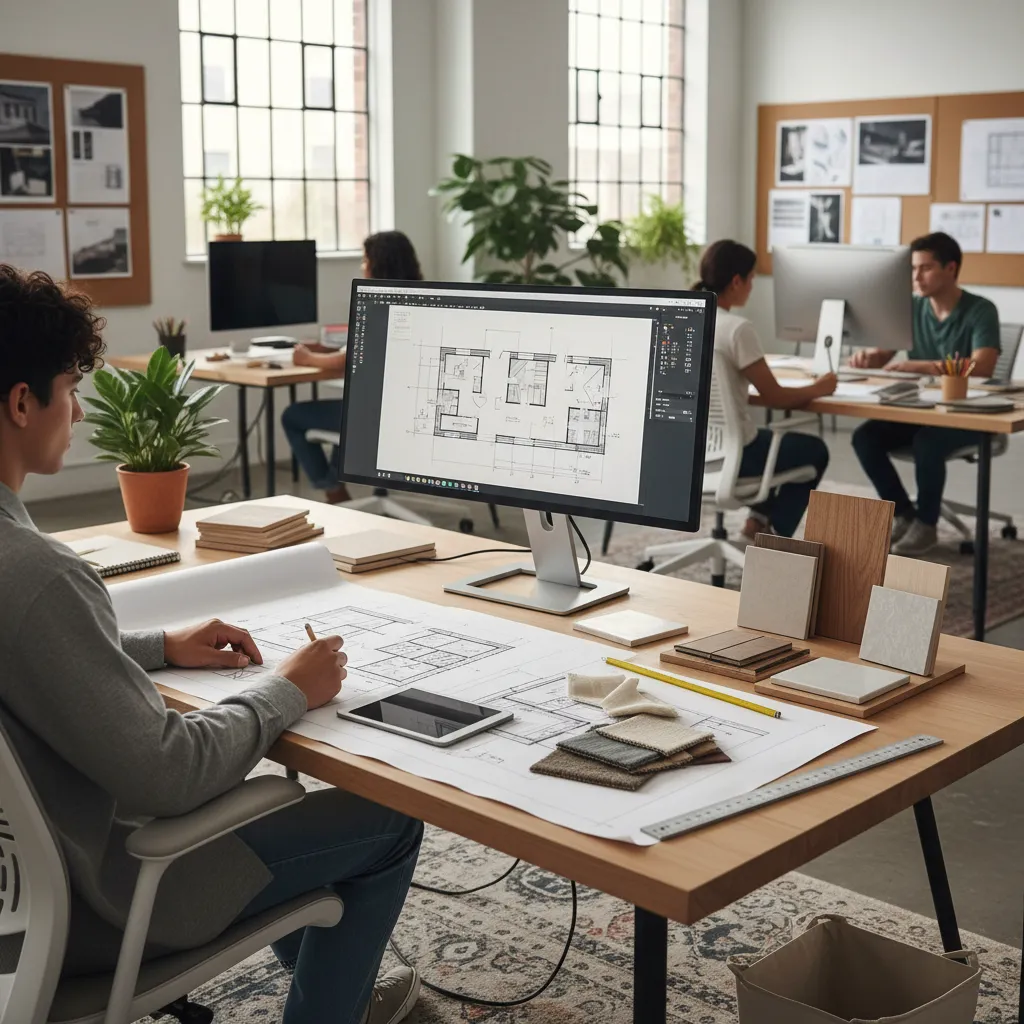 Estudiante de interiorismo creando un plano en ordenador
