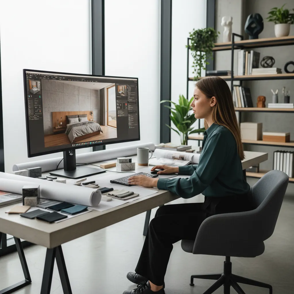 Estudiante creando un modelo 3D de interior en ordenador