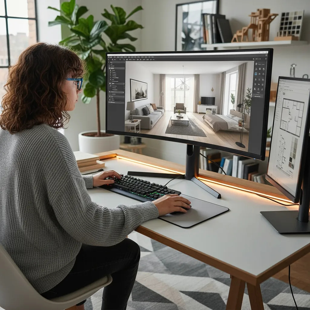 estudiante trabajando en un plano 3D de interiorismo en ordenador