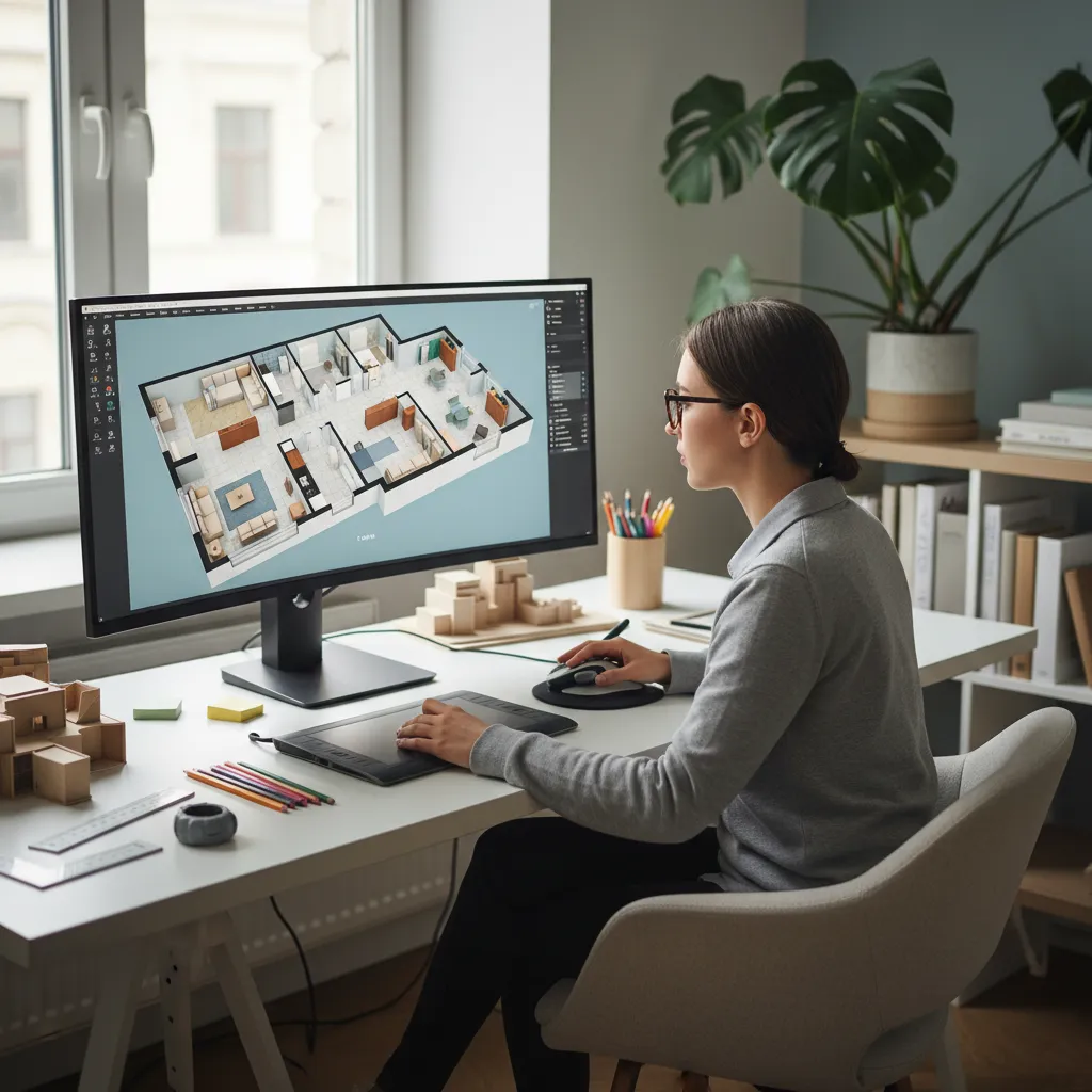 Estudiante creando un plano digital de un apartamento en software de diseño