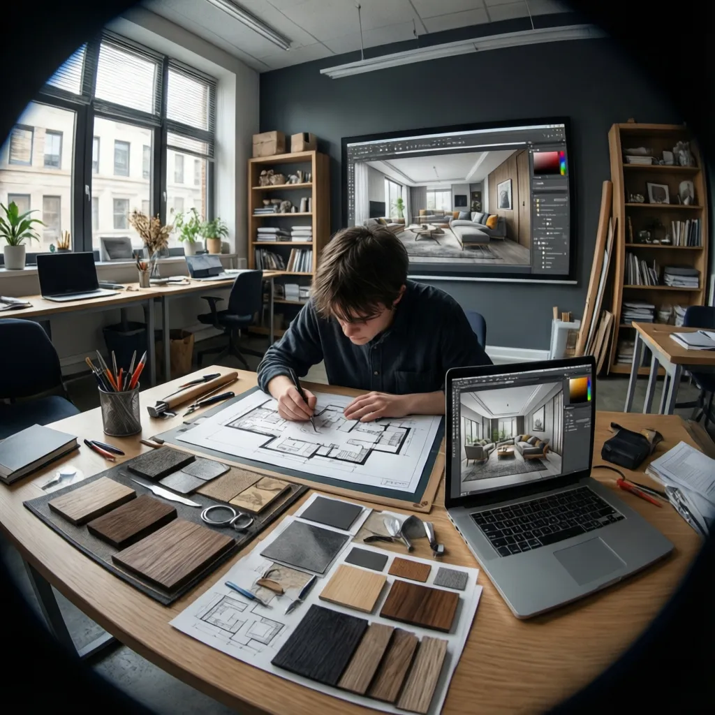 Interior design student working on floor plan and mood board at a studio desk