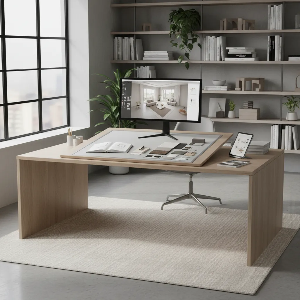 interior design student creating room layout on computer with sketches and materials on desk