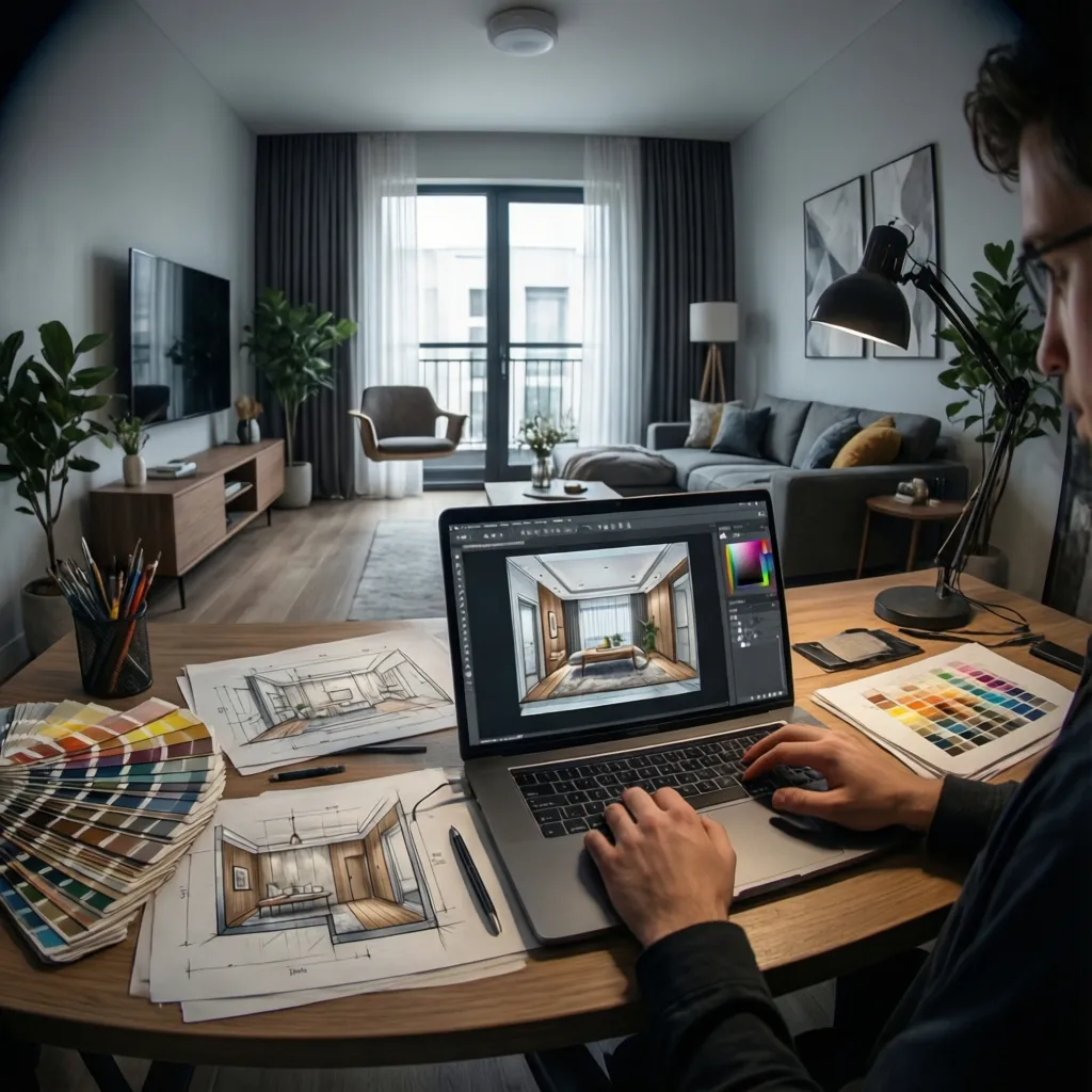 Distance interior design student creating digital room layouts on laptop