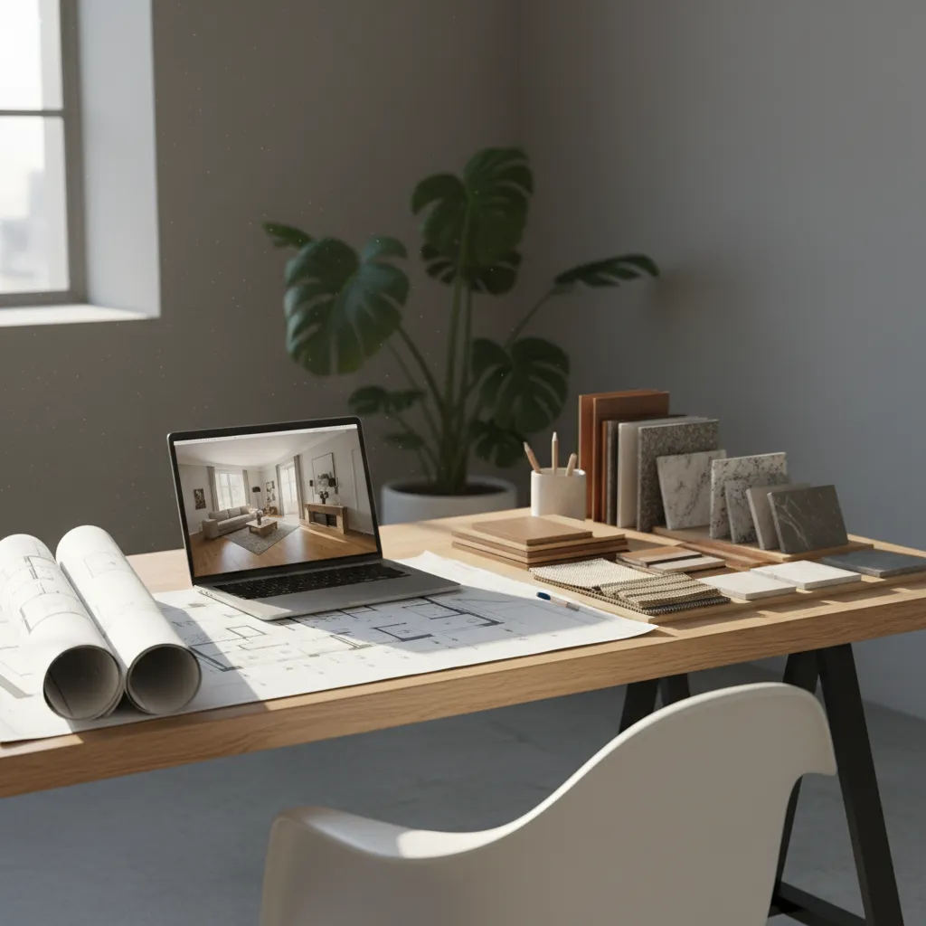 Mesa de trabajo con planos, portátil y muestras de materiales para diseño interior