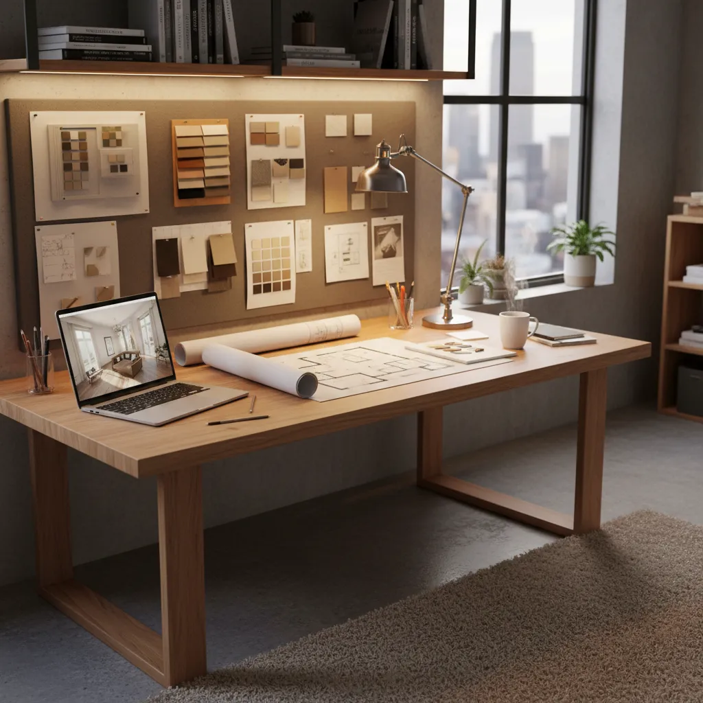 Estudiante desarrollando un proyecto de interiorismo con planos y laptop