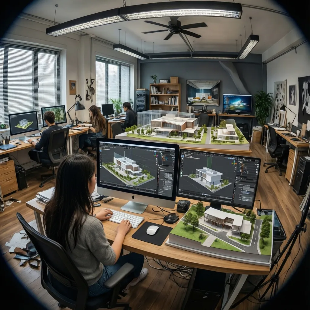 estudiantes de diseño trabajando con modelos 3D en computadoras