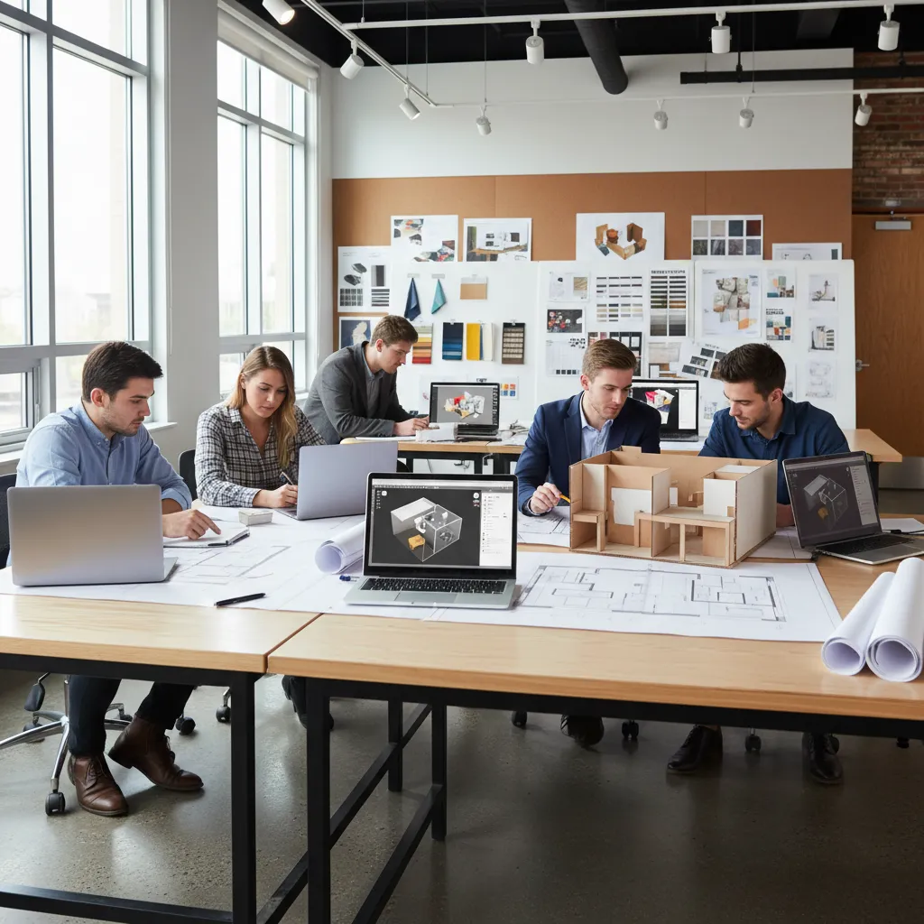 Estudiantes trabajando en diseño interior con planos y modelos digitales
