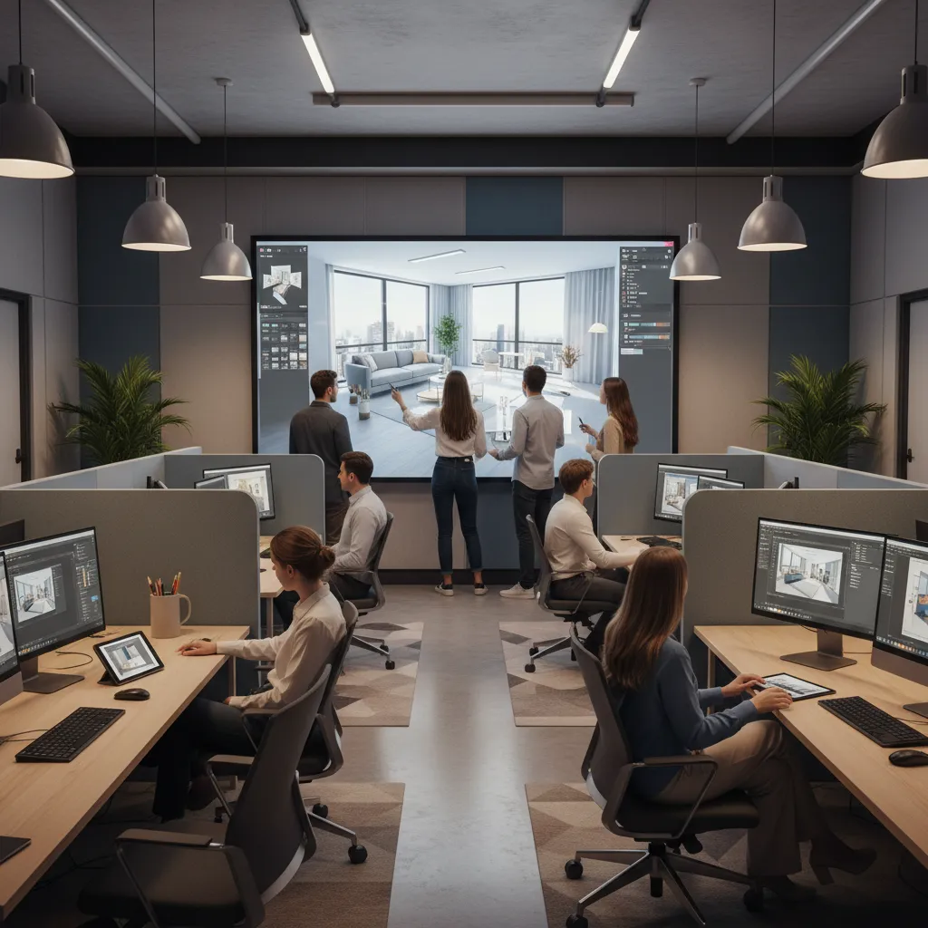 Estudiantes revisando un modelo 3D de un proyecto de interiorismo