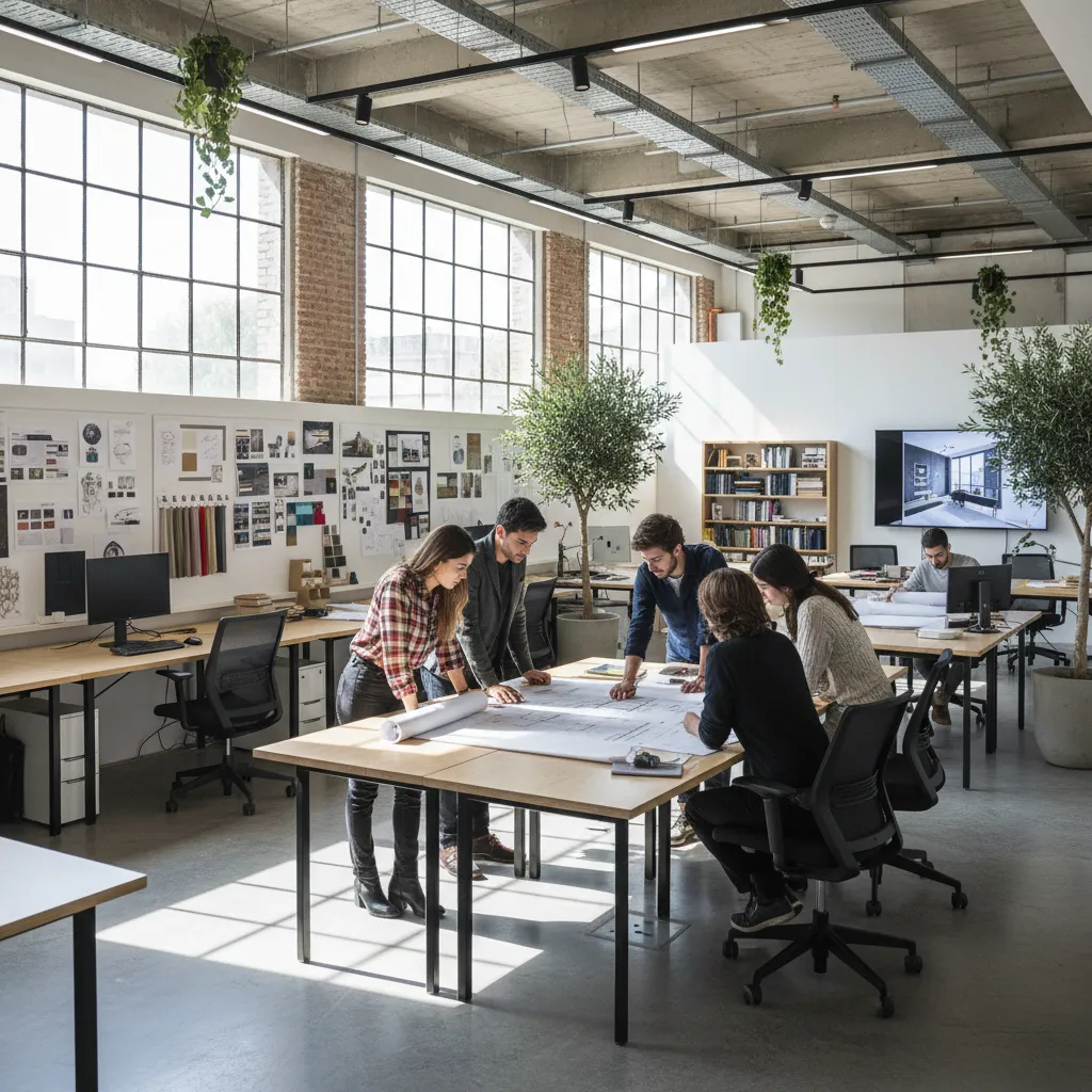 Estudiantes de interiorismo analizando planos en un aula de diseño