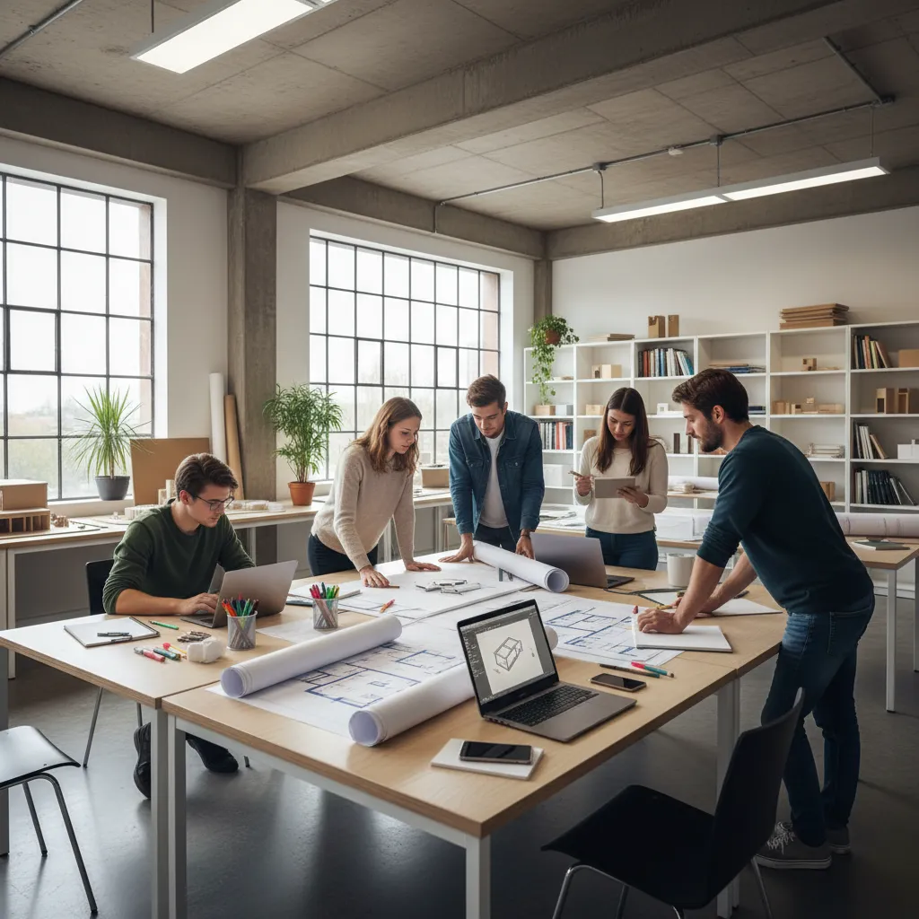 Estudiantes analizando planos de distribución en una clase de interiorismo