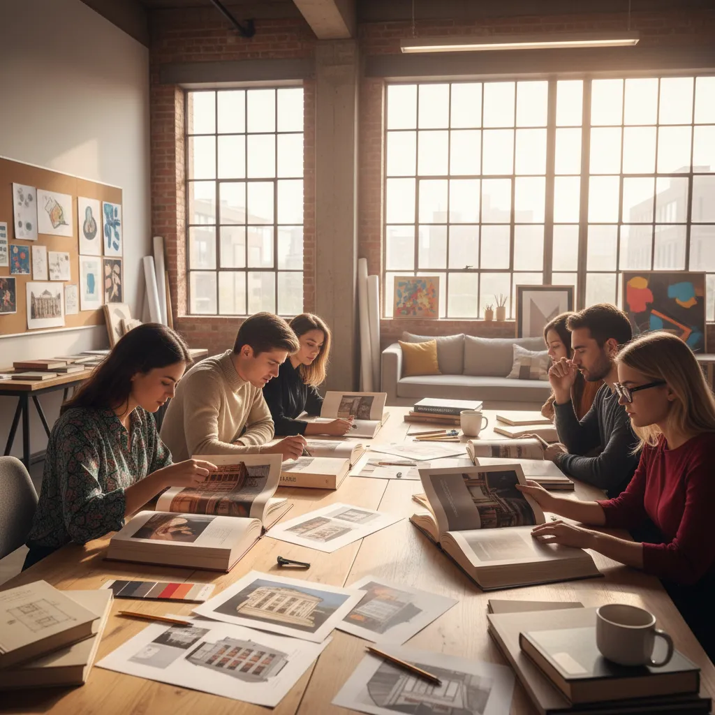 Estudiantes analizando estilos históricos de diseño en clase