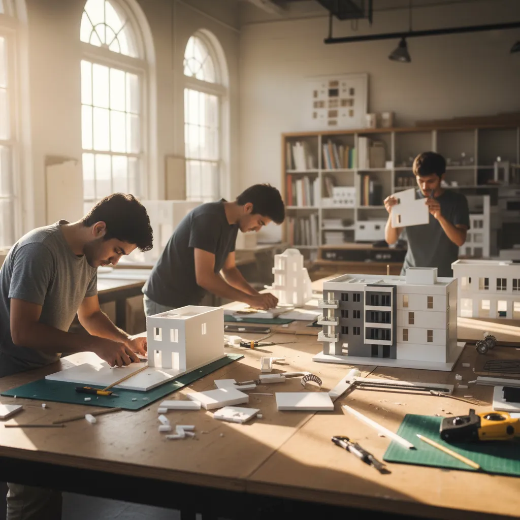 Estudiantes construyendo maquetas de interiores en una mesa de trabajo