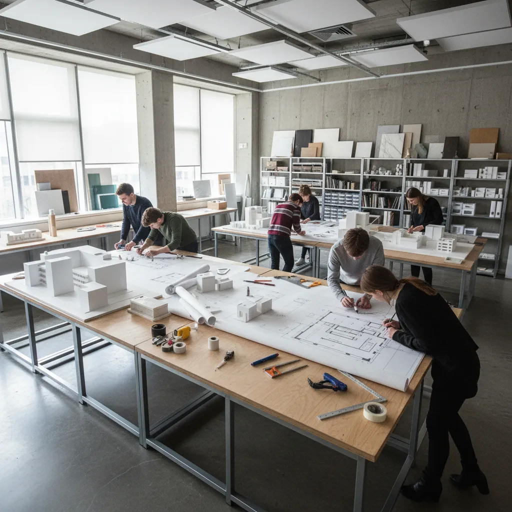 Students working on floor plans and house models on large tables in a bright studio