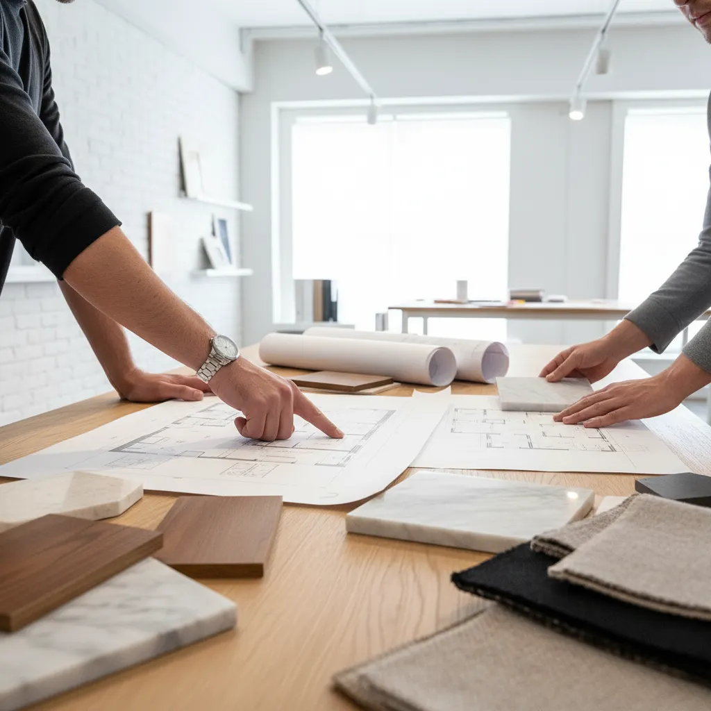 Revisión de proyecto de interiorismo con planos y muestras de materiales