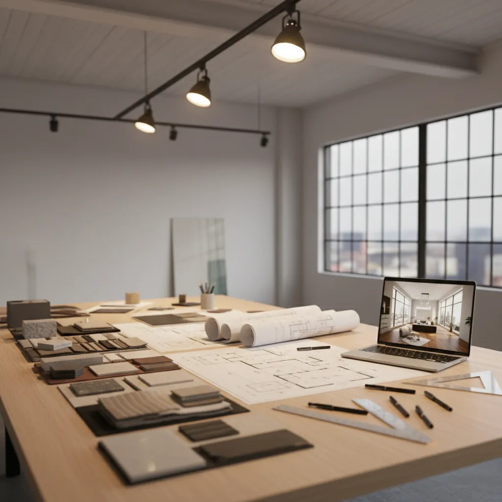 Mesa de trabajo con planos de interiorismo, muestras de materiales y ordenador con modelo 3D