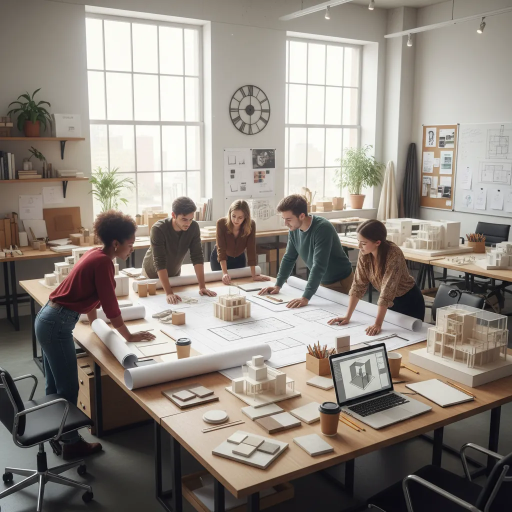 Five students review floor plans and models on a large wooden table in bright studio