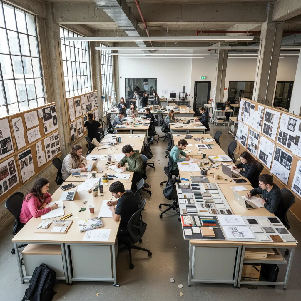 Estudiantes de interiorismo desarrollando proyectos en un estudio universitario