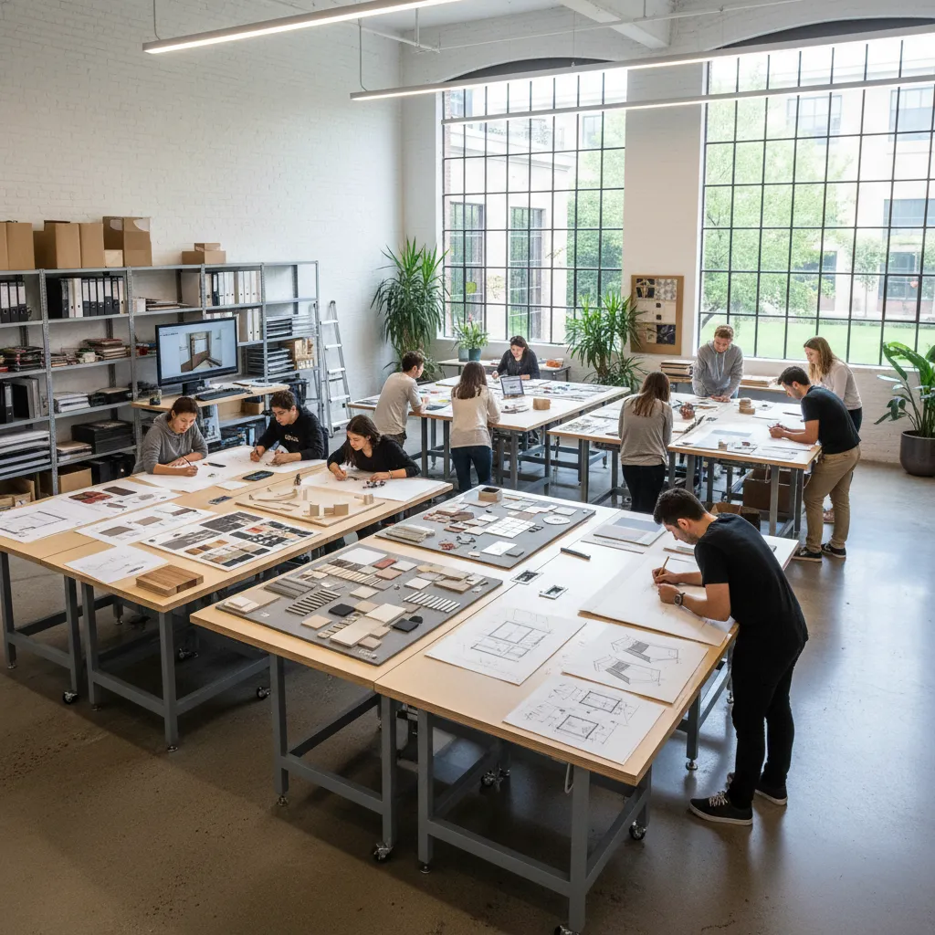 Estudiantes trabajando en proyectos de diseño de interiores en un estudio universitario