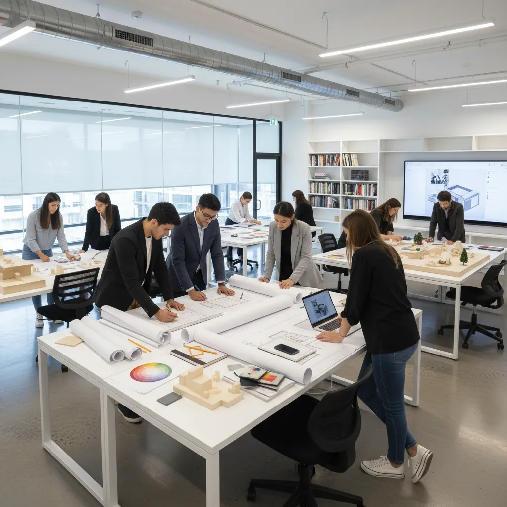 Estudiantes de diseño de interiores trabajando en planos y maquetas
