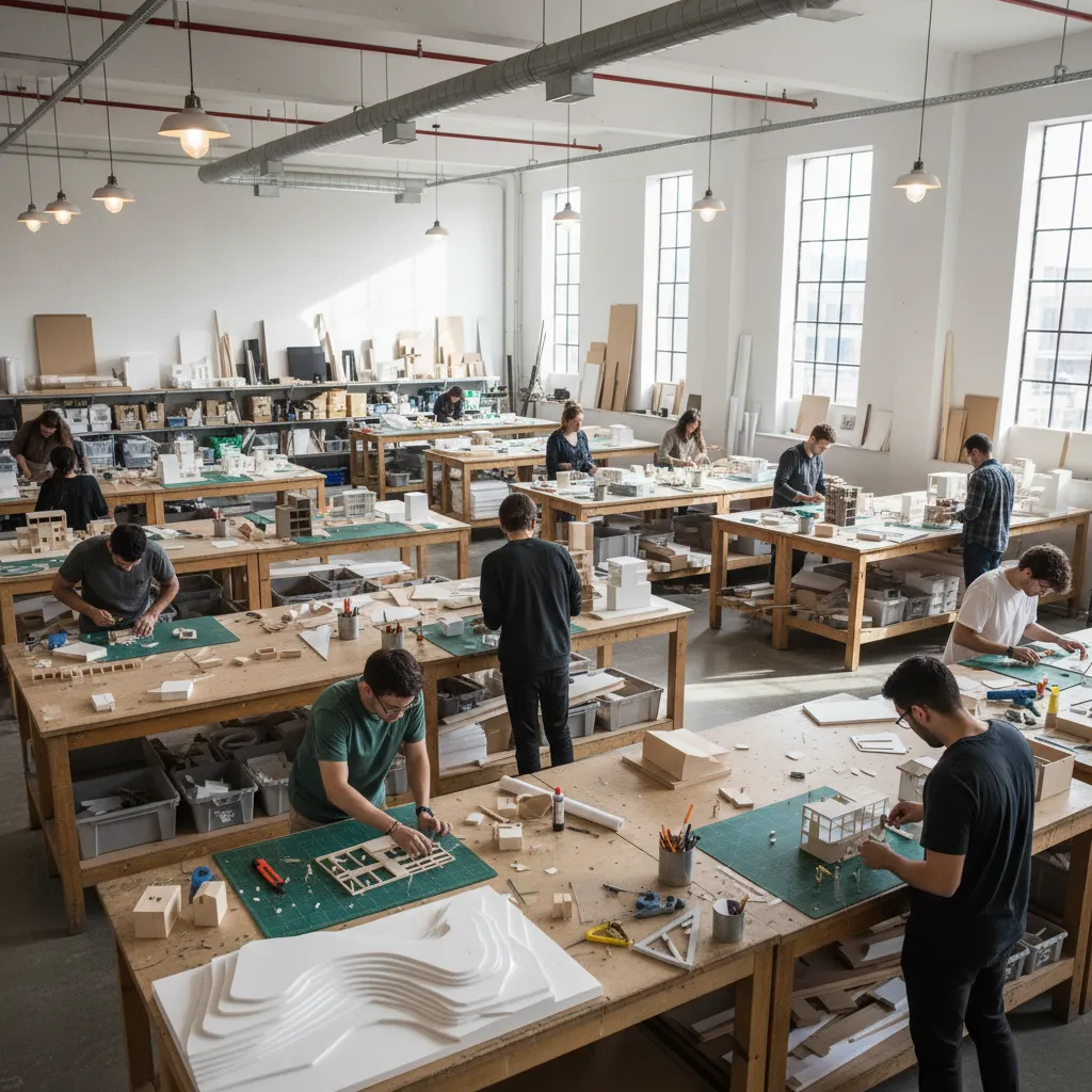 Estudiantes de diseño de interiores trabajando en maquetas y planos en un taller creativo