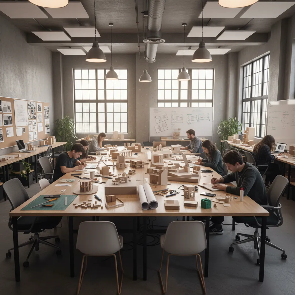 Estudiantes de diseño revisando maquetas y planos en un taller universitario