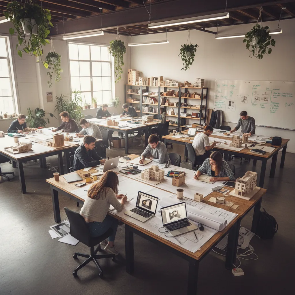 Estudiantes de diseño de interiores trabajando en planos y maquetas