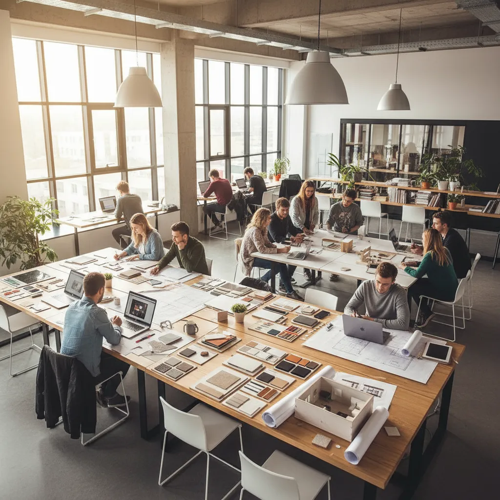 Estudiantes de diseño trabajando con planos y muestras de materiales