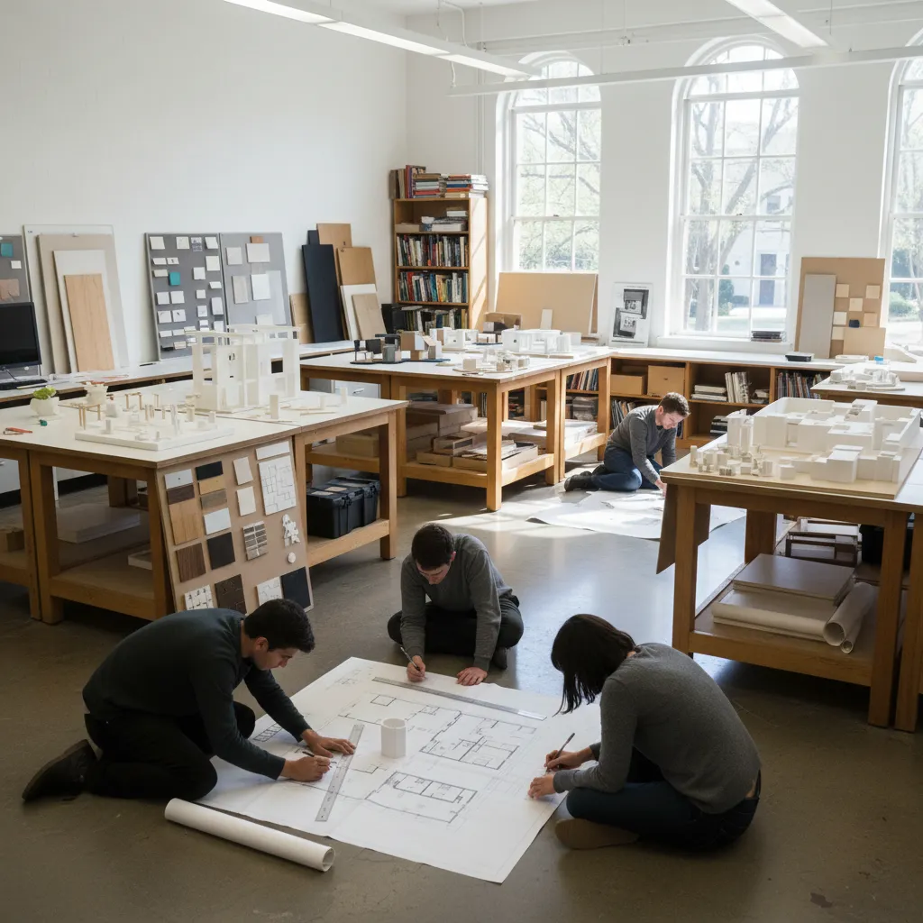 Estudiantes de interiorismo trabajando en planos y maquetas en un aula de diseño