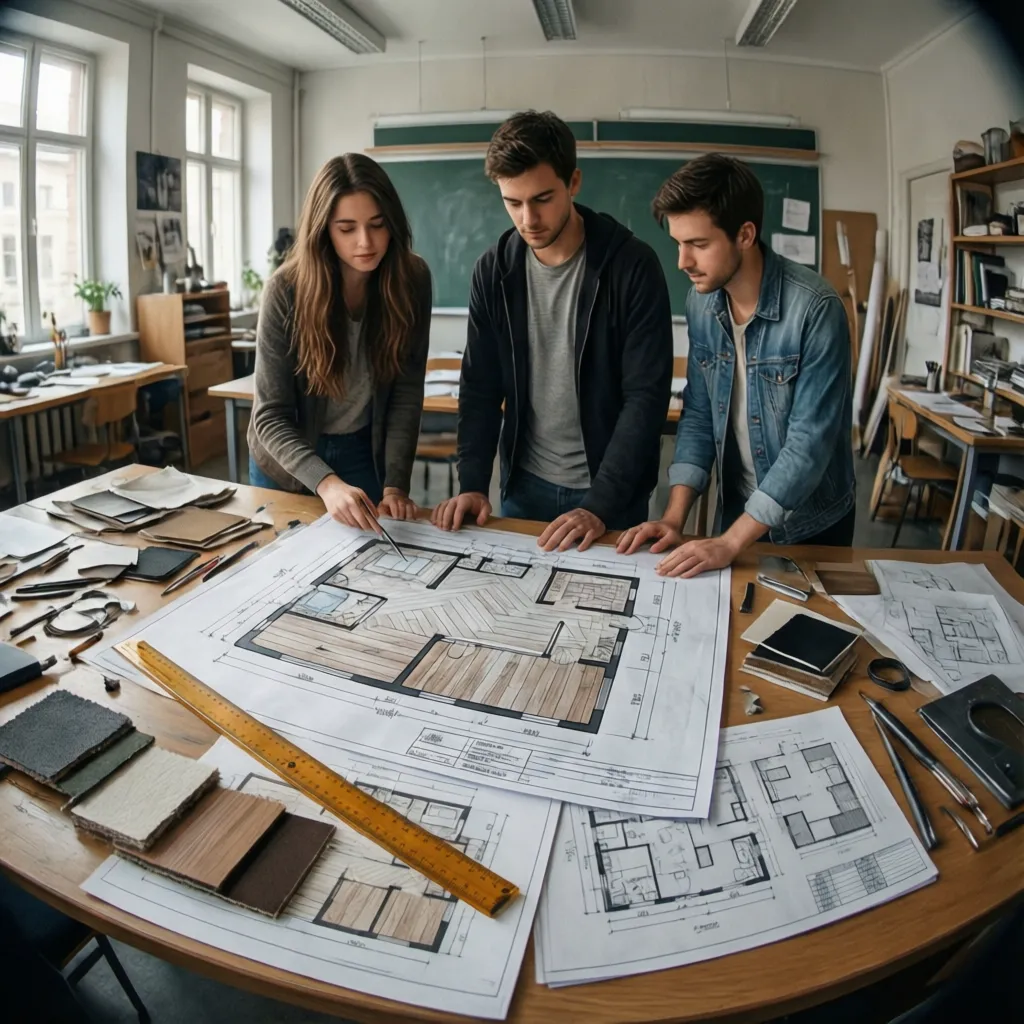 Estudiantes de interiorismo revisando planos en una mesa de trabajo