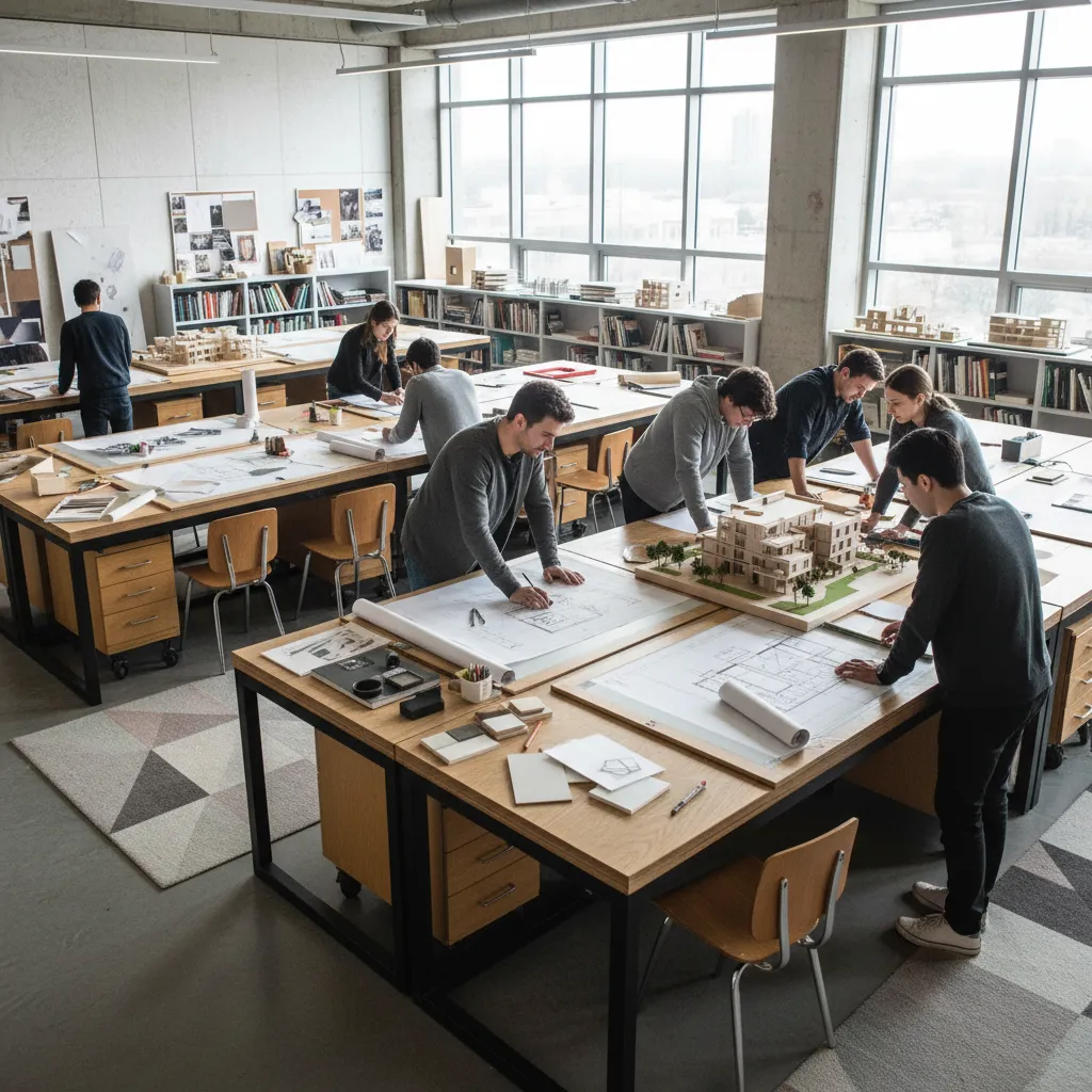 Estudiantes de diseño de interiores trabajando en planos y maquetas