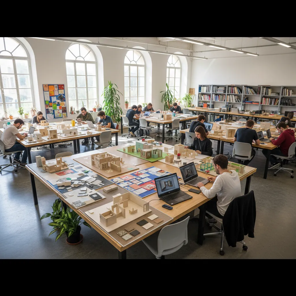 Many students working on room layout models and laptops in a large interior design studio