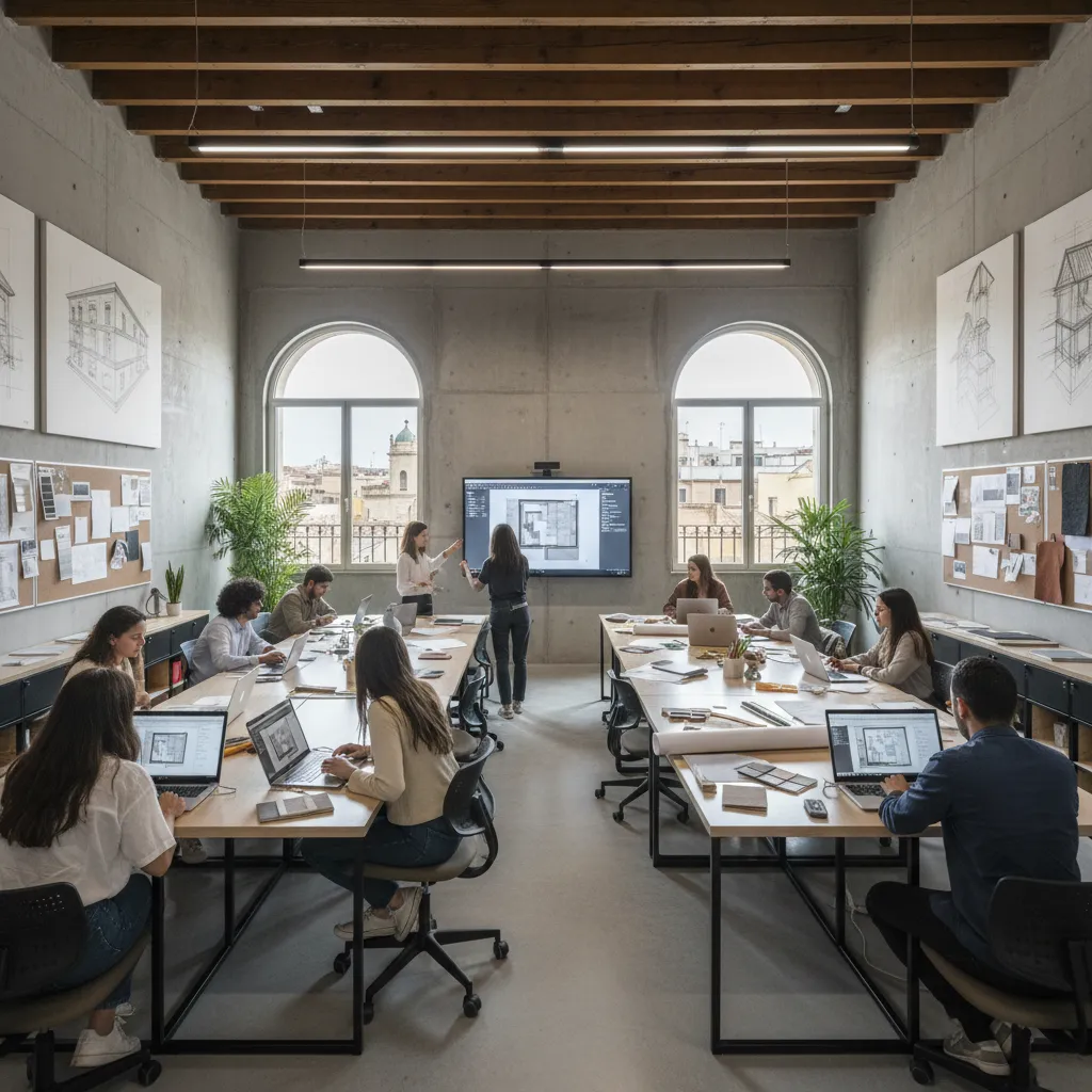 Students working in a modern design studio with large windows and a digital floor plan