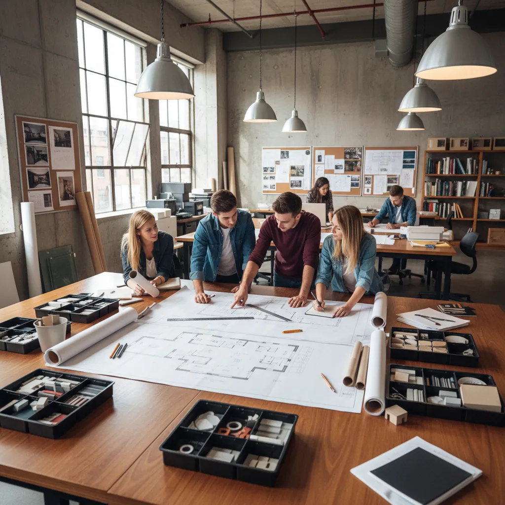 Estudiantes de interiorismo analizando planos en una mesa de trabajo