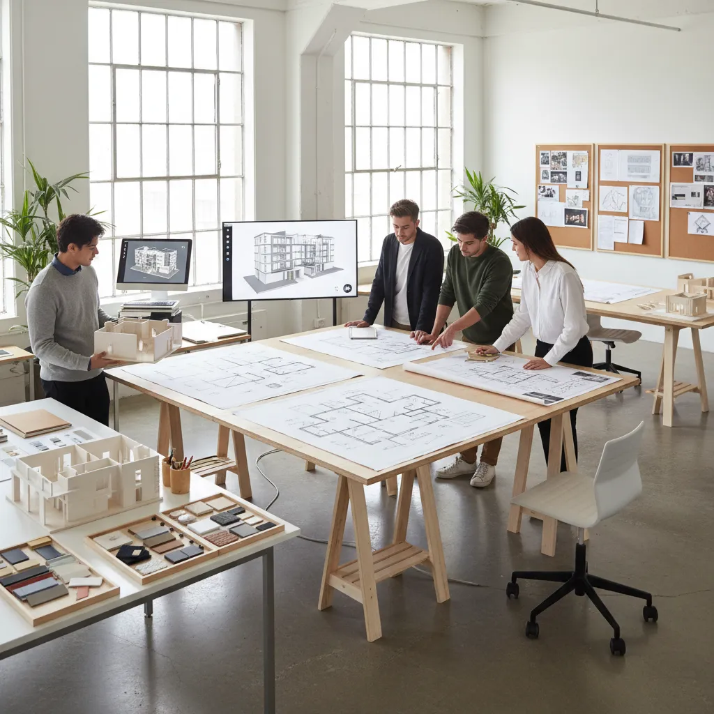 Estudiantes de diseño de interiores analizando planos y modelos 3D