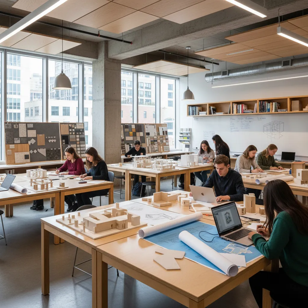 Estudiantes de diseño de interiores desarrollando planos y maquetas en un aula creativa