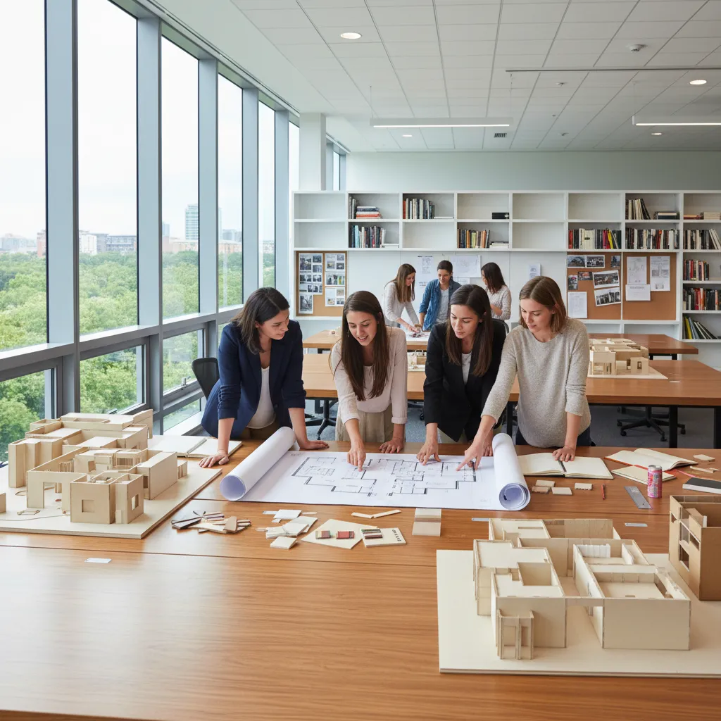 Estudiantes de diseño de interiores trabajando en planos y maquetas