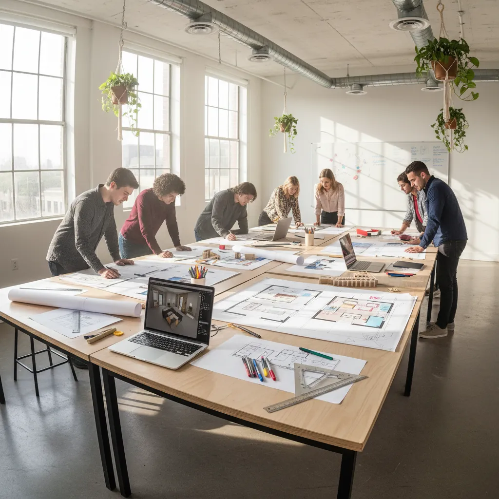 estudiantes diseñando planos de interiores en un aula creativa