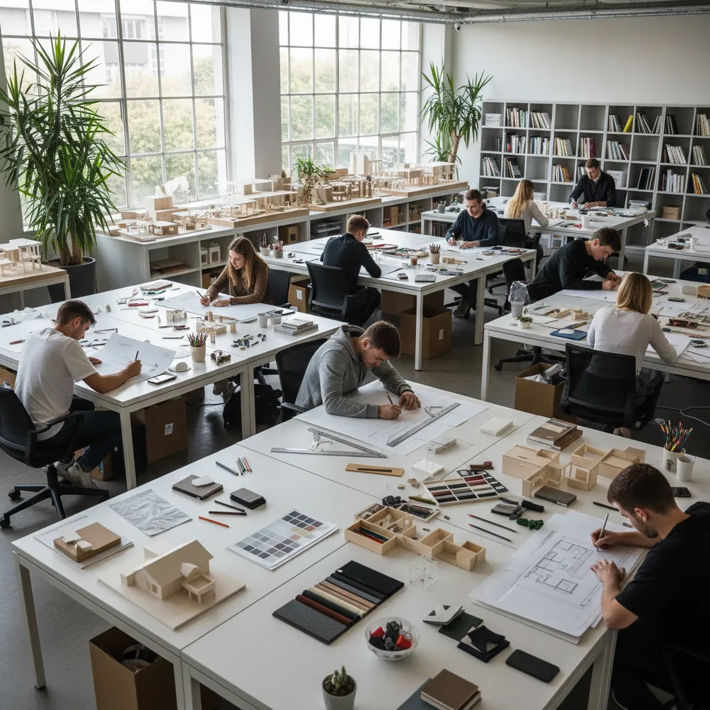 Estudiantes desarrollando planos y maquetas de interiores