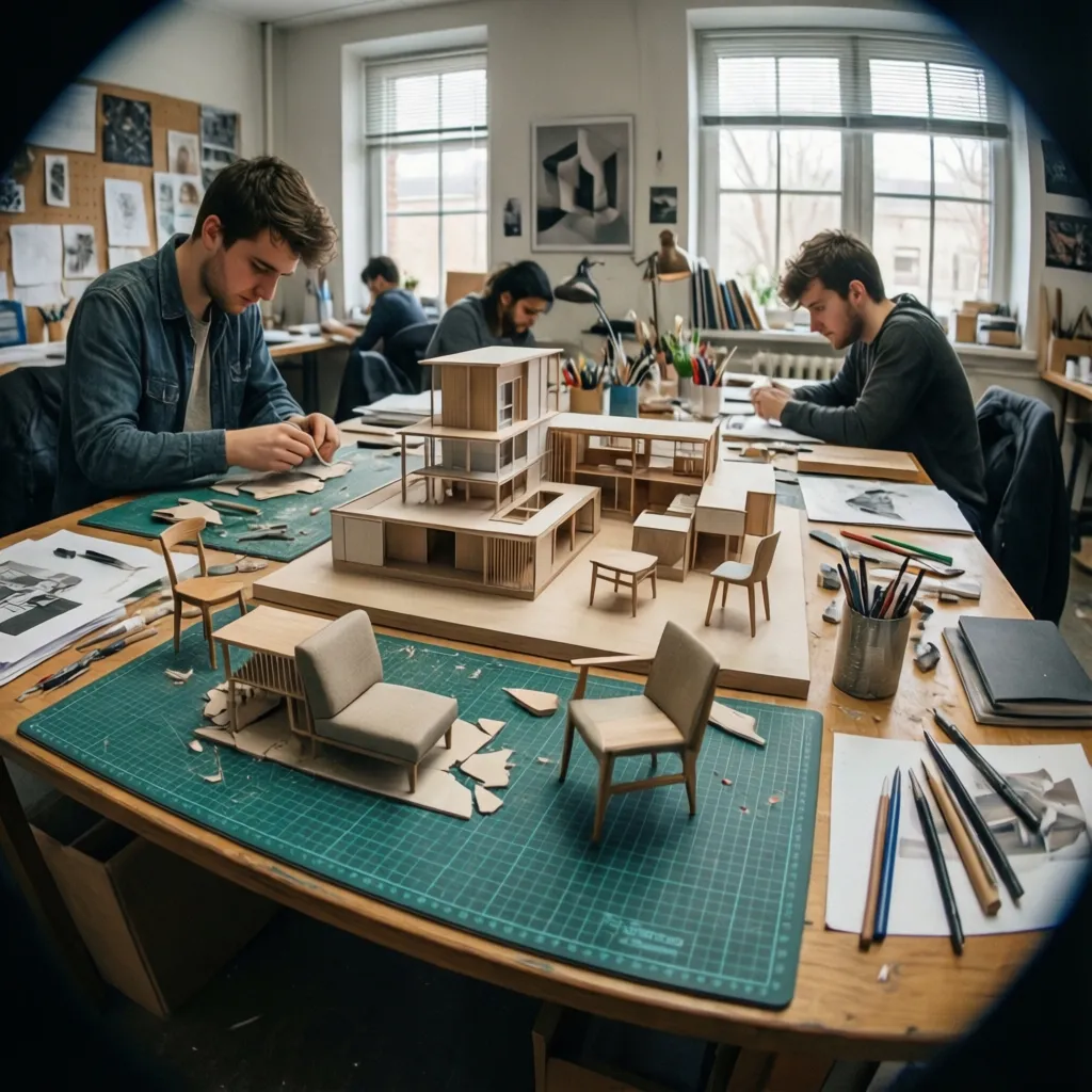 Estudiantes desarrollando proyectos de interiorismo con maquetas
