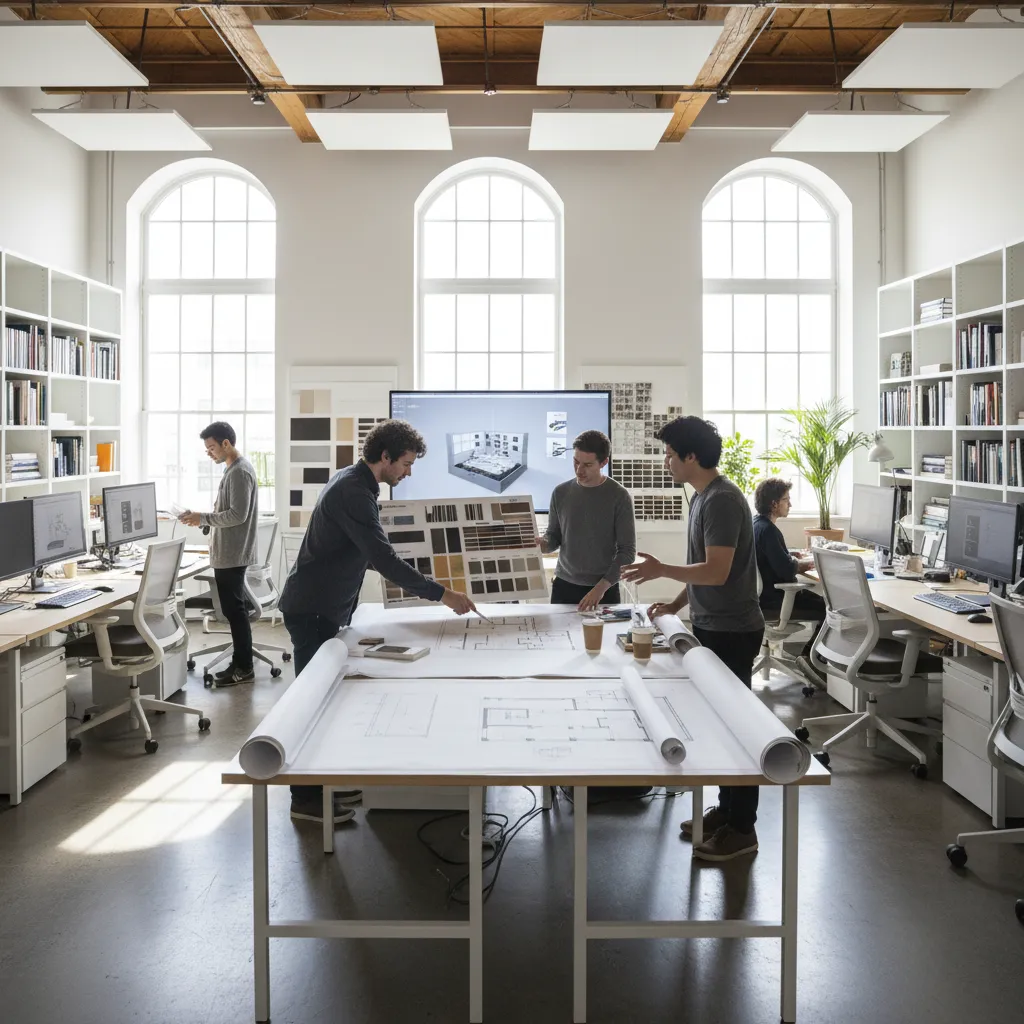 Designers in a studio working on floor plans and material boards near large arched windows
