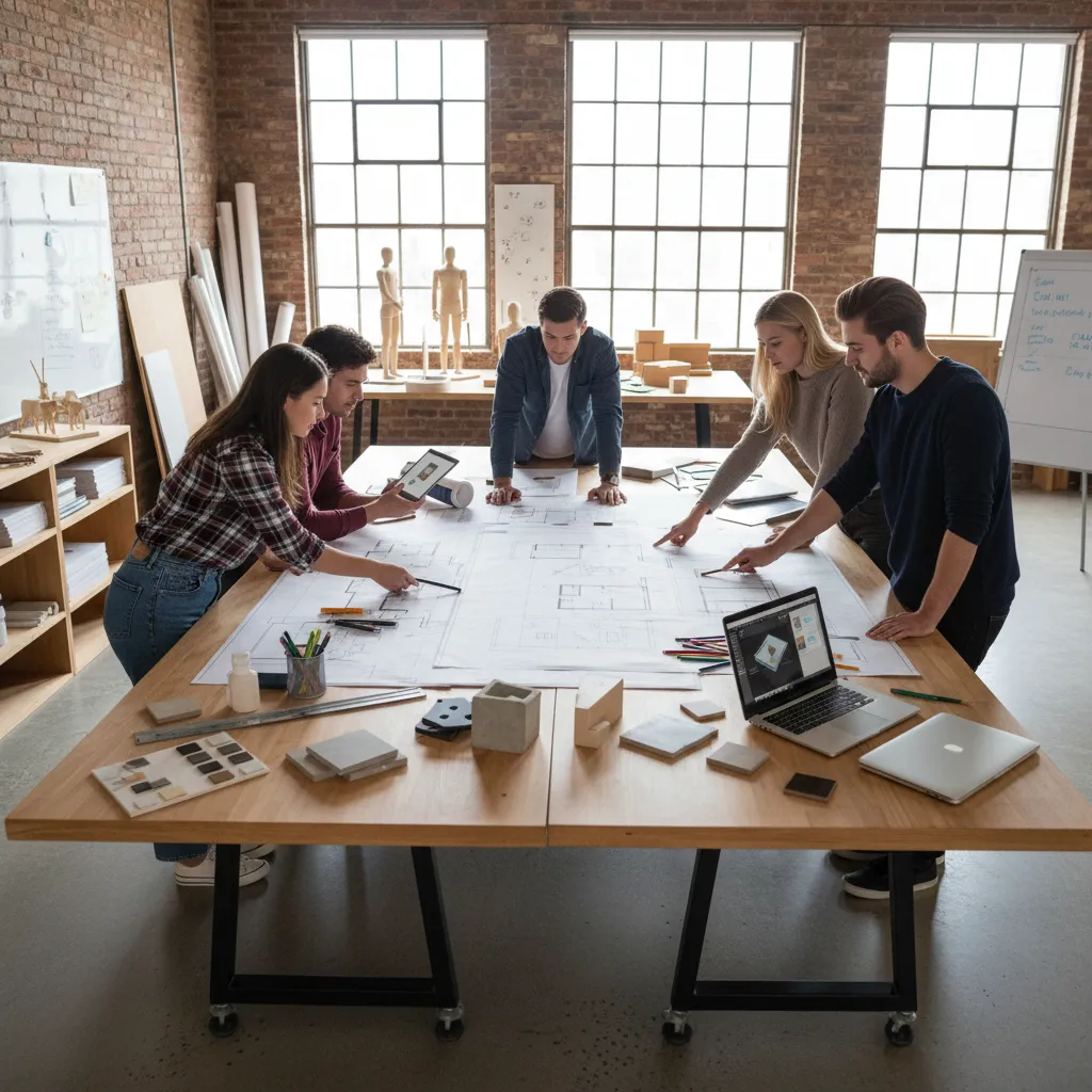 Group of students standing around a large table studying floor plans and materials in studio