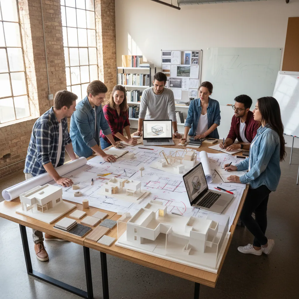 Estudiantes analizando planos y maquetas de interiorismo en una mesa de trabajo