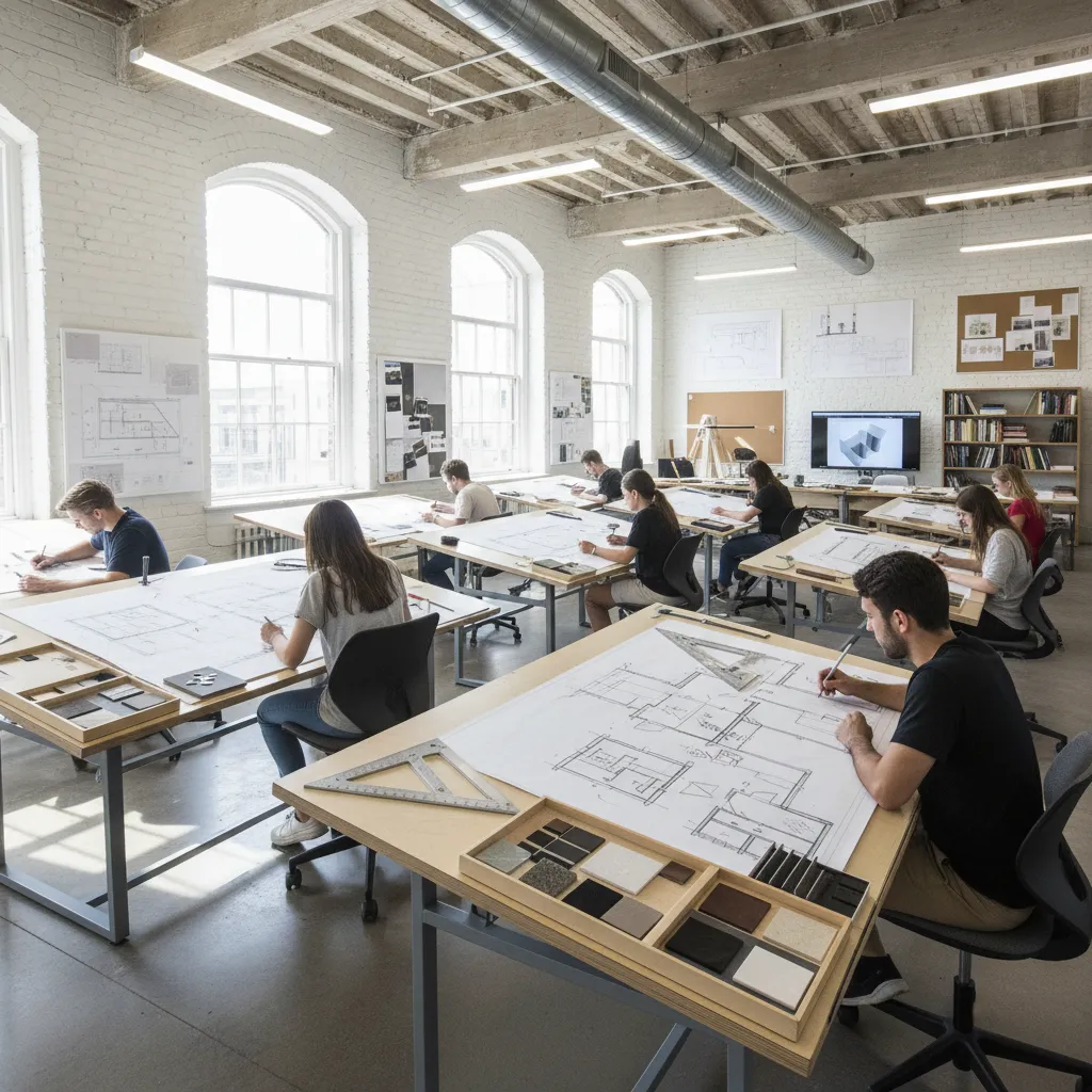 Estudiantes de diseño de interiores trabajando en planos y bocetos