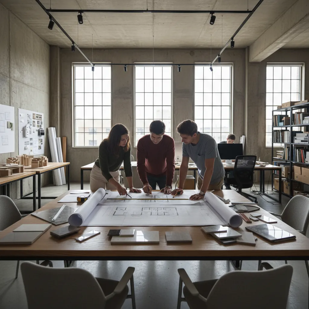 Estudiantes revisando planos y distribución de espacios interiores